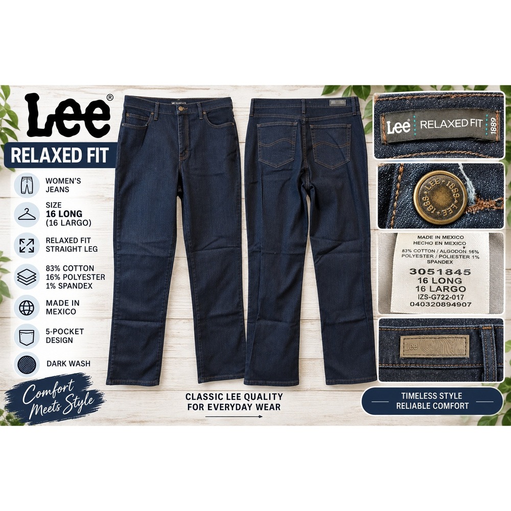 Lee Relaxed Fit Straight Leg Jeans Womens 16 Long Dark Wash Denim 3051845